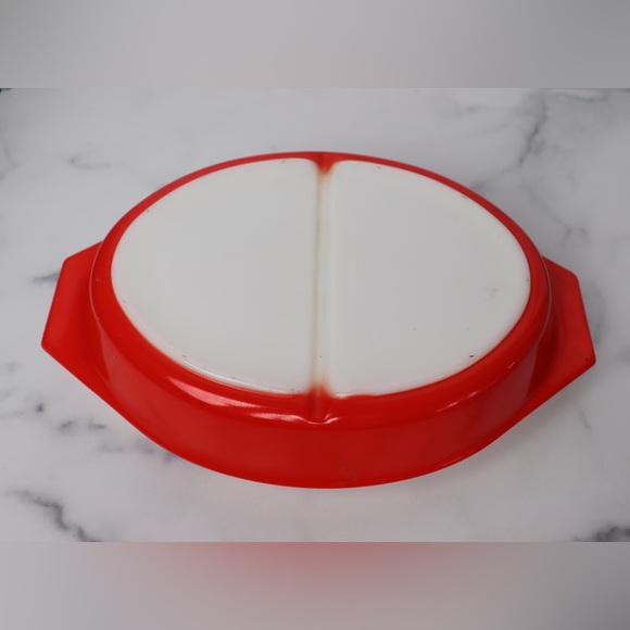 Vintage Pyrex 1 1/2 QT Red Friendship Birds Oval Divided Lidded Casserole - Picture 6 of 9
